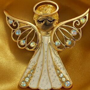 Gold & White Angel Brooch with Multicolor Gemstone Wings – Holiday Pin for Women